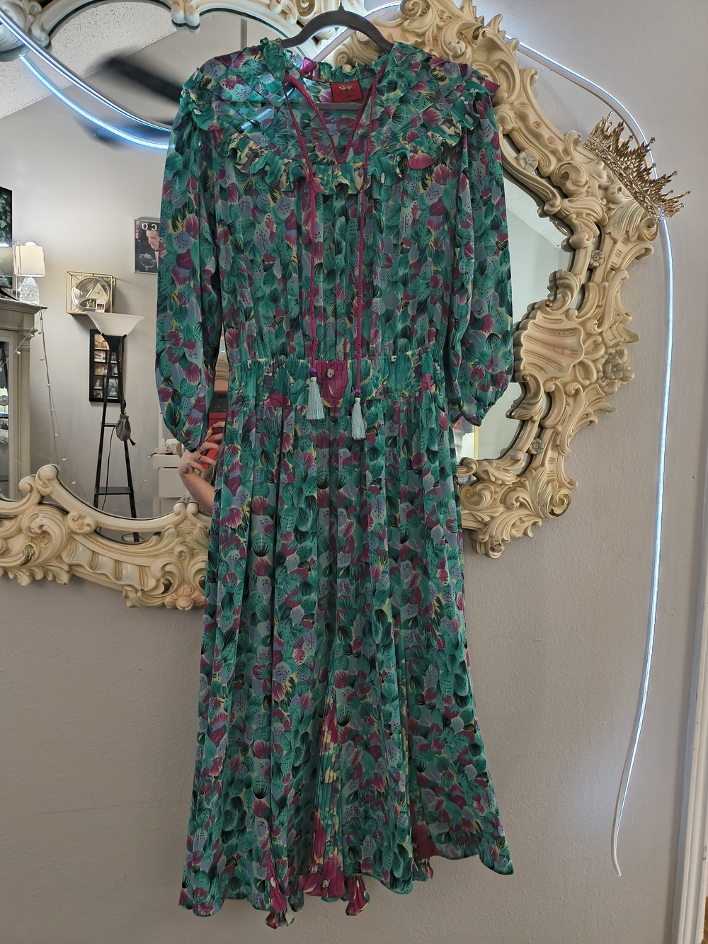 Vintage Lachine Tropical Floral Midi Maxi Dress Boho Cottagecore Ruffle Tassel M
